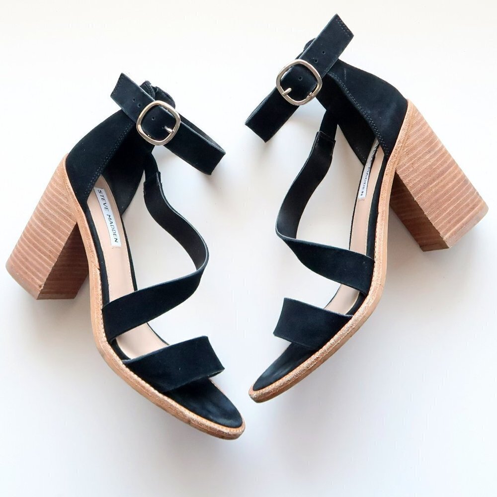 Steve Madden Collins Black Suede Leather Strappy Block Heel Sandals / Shoes 8.5